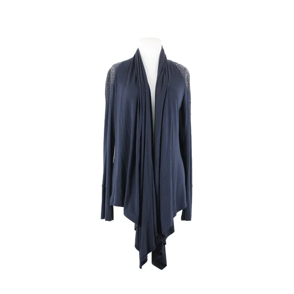 S Twelve $59 Sz M Navy Blue Gunmetal Studded Shoulders Collared Rayon Wrap - Picture 2 of 16